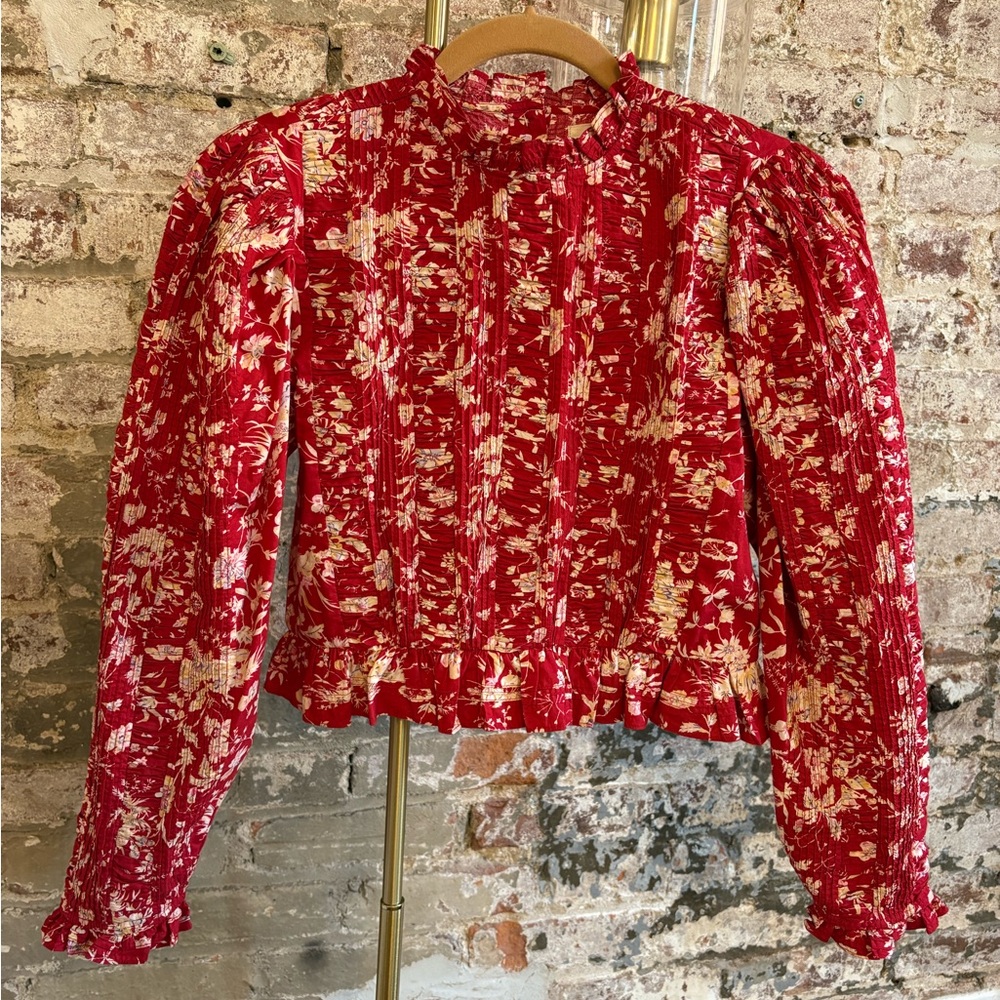 Doen Red Bishop Sleeve Ruffled Blouse